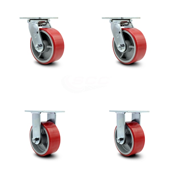 5 Inch Red Poly on Steel Caster Set with Roller Bearings 2 Swivel Lock 2 Rigid